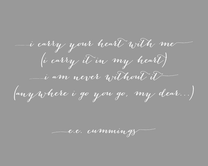 E.E. Cummings - I Carry Your Heart With Me - Nursery Art - Gift for Wife - Wedding Gift - 10x8 Print