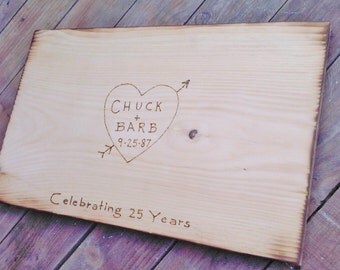 Country Wedding Guest Book Sign, Rustic Anniversary Party, Bridal Shower - wood burned heart w bride & groom initials, date