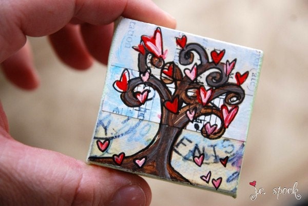 Mini Painting: Heart Tree 2x2, original painting, acrylic painting, mini original, tree painting, mixed media original, whimsical tree