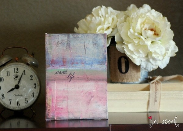 Abstract Painting: "Savor Life" 5x7 original painting, acrylic painting, abstract mixed media, inspirational art, blue, pink