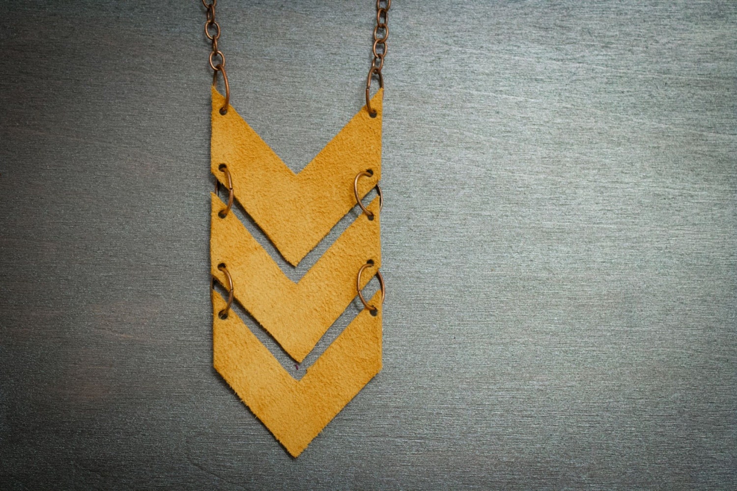 Scout leather chevron necklace  - MUSTARD, genuine leather, tribal, military, chain, geometric, extra long