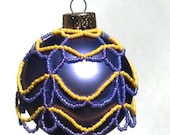 Purple and Yellow Beaded Christmas Ornament - Purple and Yellow Beadwork on 8 Inch Christmas Ball