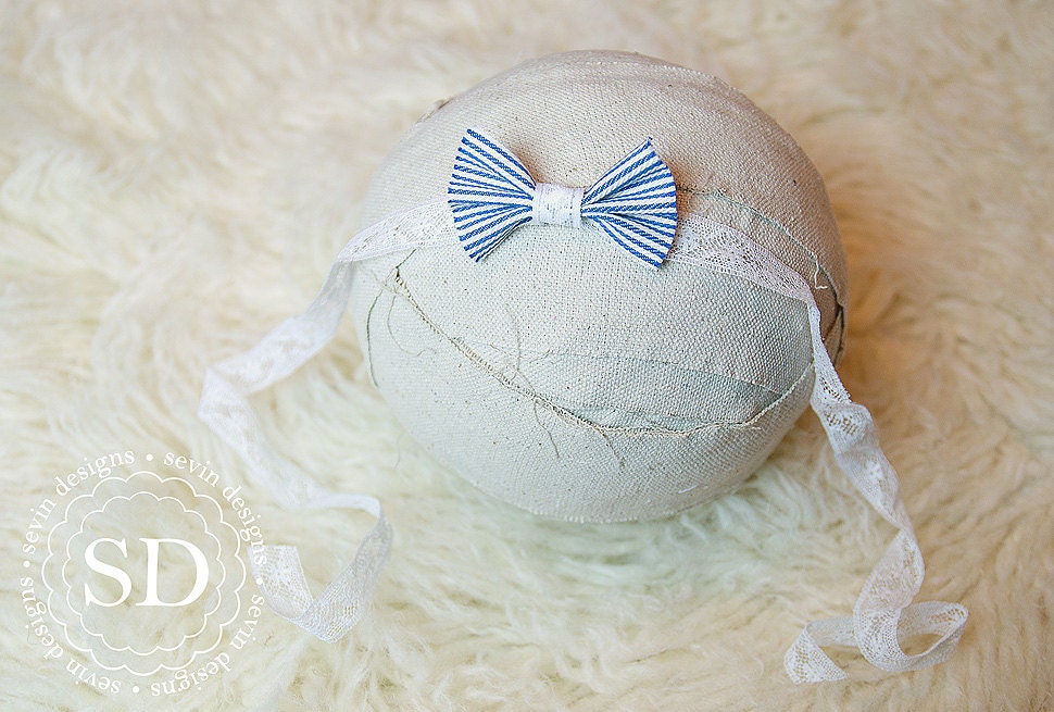 Lace Tieback with Blue & White Stripe Fabric Bow -- Newborn Photography Prop