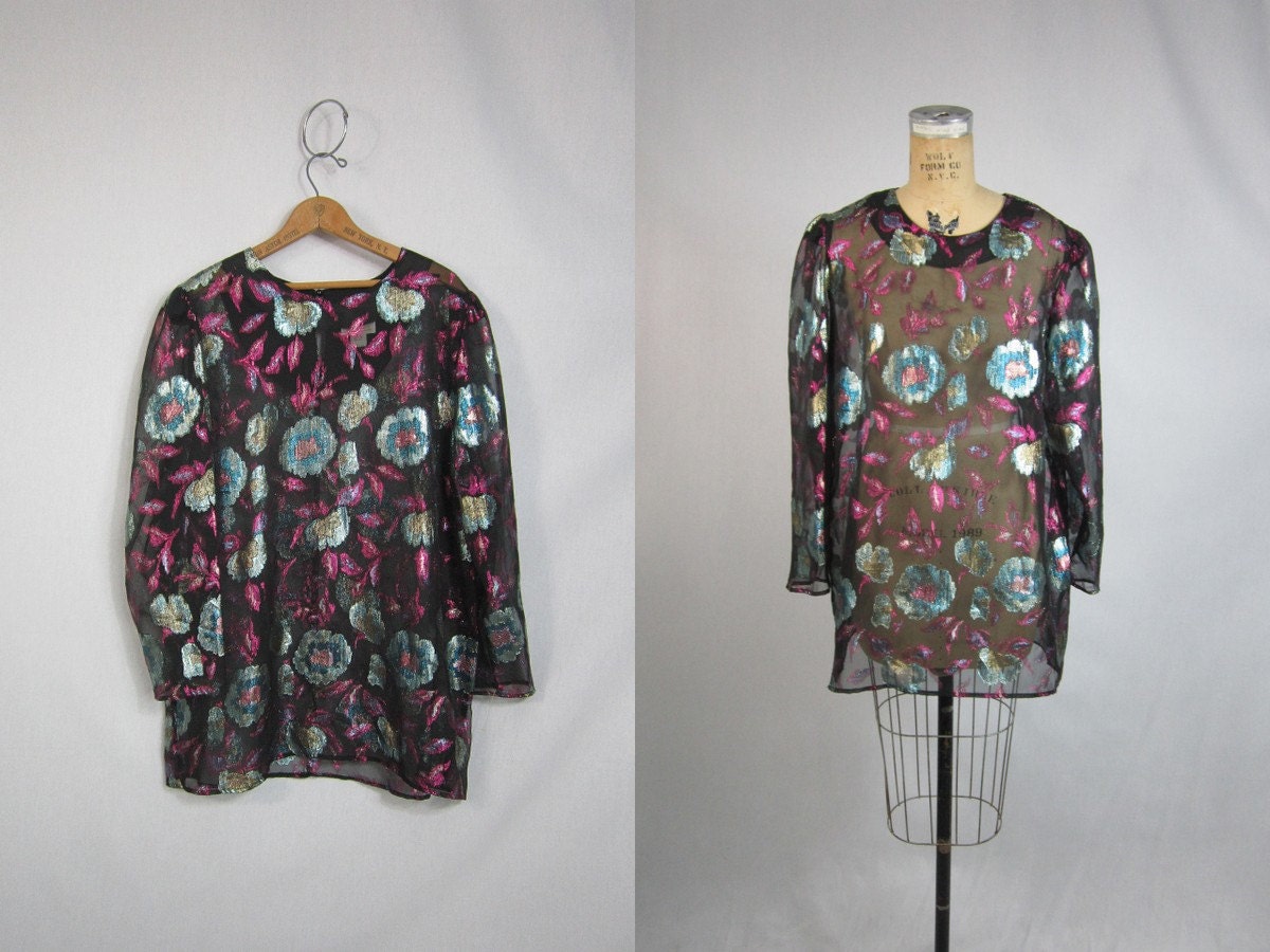 80s Metallic Sheer Blouse . Dream Weaver Stardust Black Formal Shirt . Large XL
