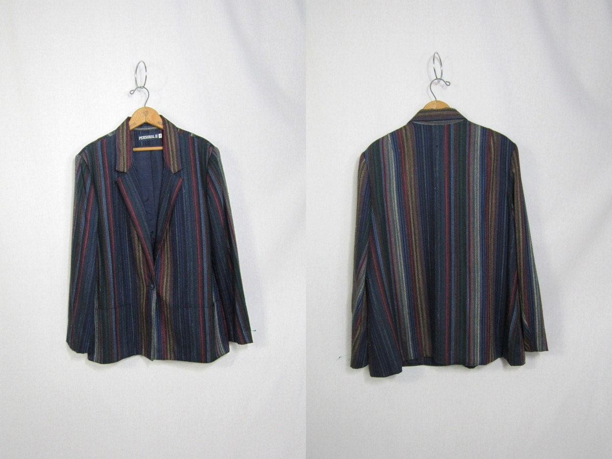 80s Multi Colored Jacket . Boxy Striped Boyfriend Blazer . Large XL