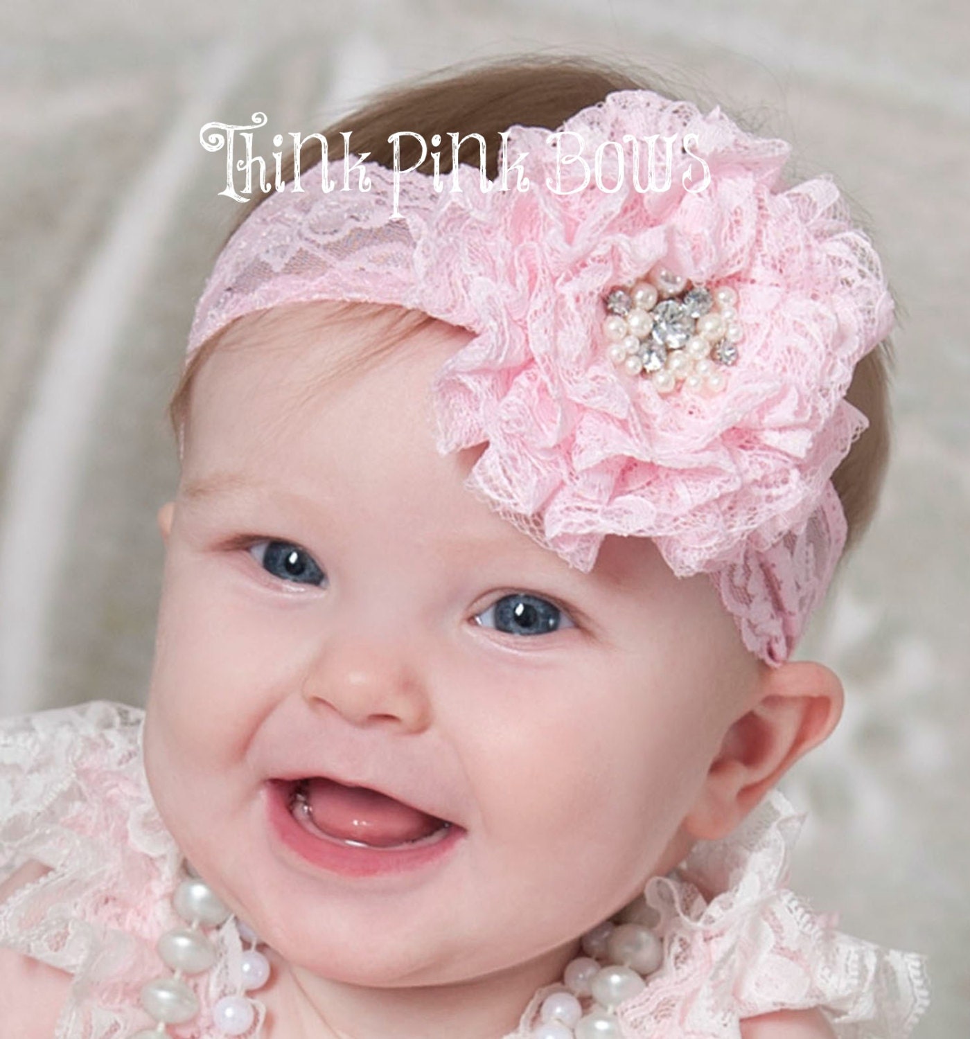 Pink Baby Headband,Newborn Headband, Lace Baby Headband, Beige Headband, Baby girl headbands, Couture baby headband, Baby Hair Bows