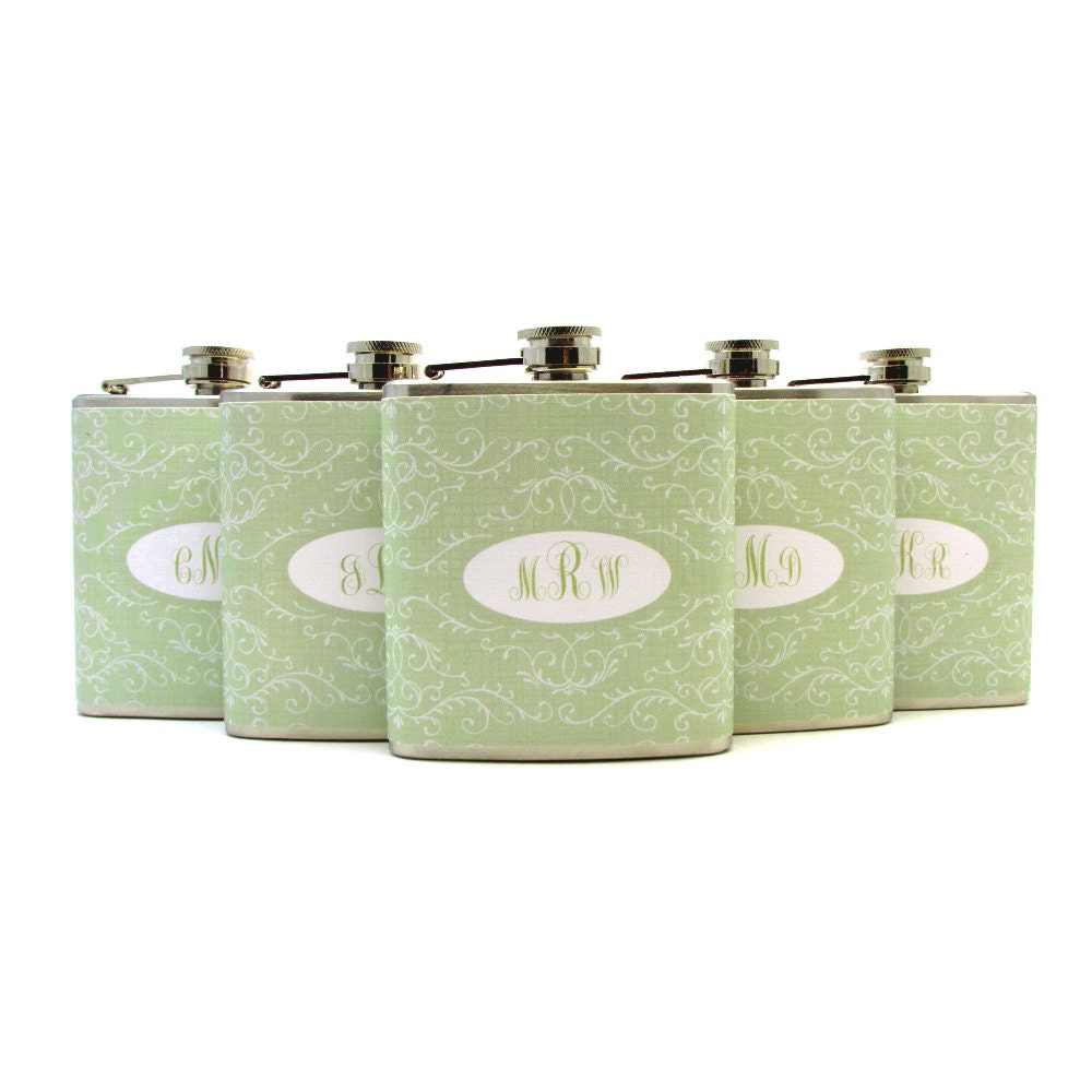 Mint Green Monogrammed Bridesmaids Gifts Flasks 6oz and 8oz Sizes Wedding Party