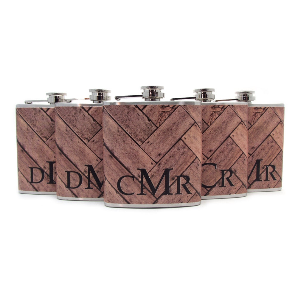 Monogrammed Chevron Faux Wood Flasks for Groomsmen Wedding Favor 6oz and 8oz Sizes