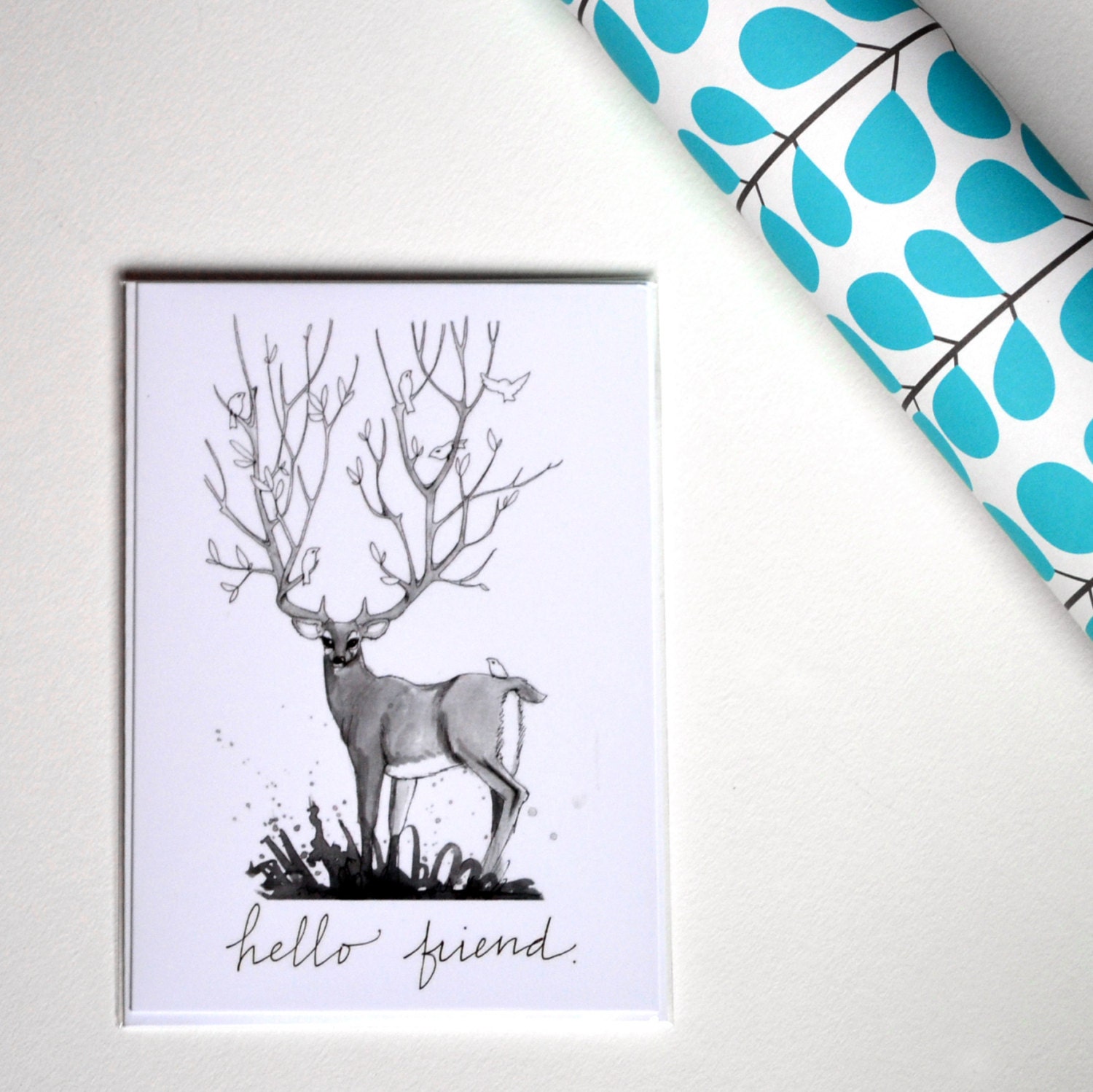 greeting card: buck deer with branching antlers, hello friend.