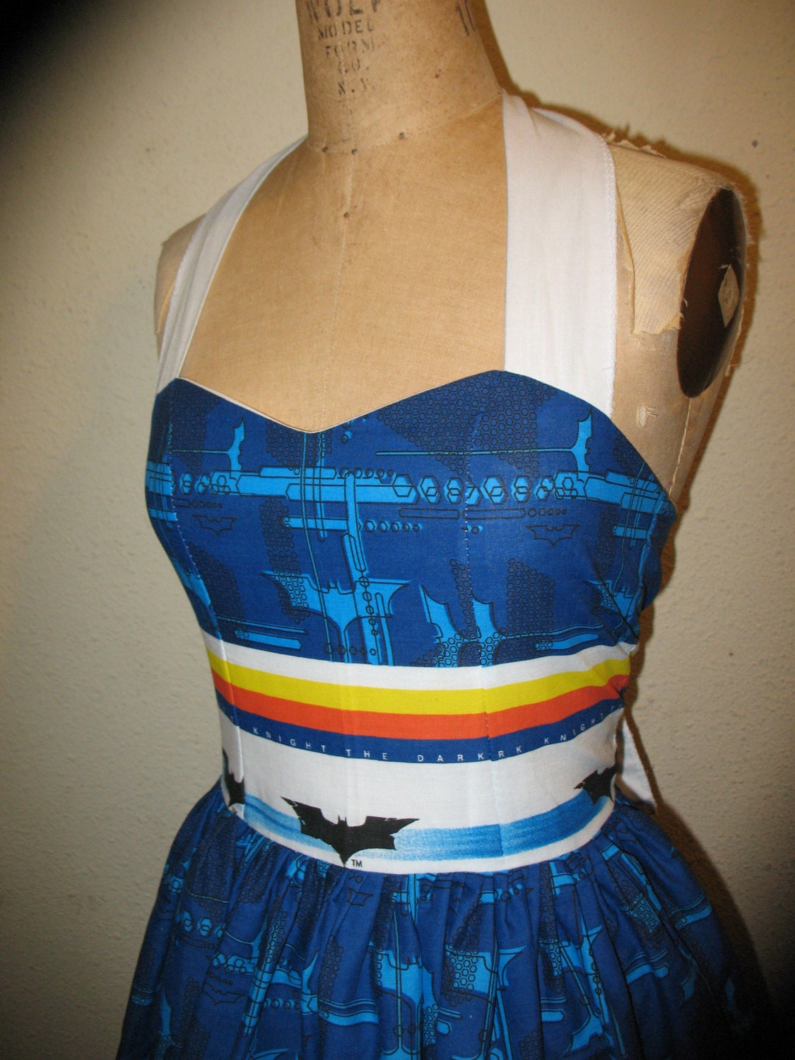 Custom Made to Order Blue Bat Batman SweetHeart Geekery Pinup Ruffled Halter Mini Dress