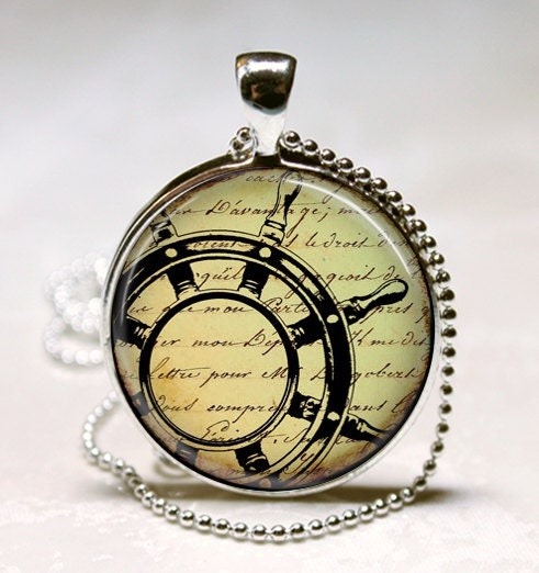Nautical Jewelry Captain's Wheel Vintage Ship, Boat, Sailing, Ocean, Pirate Art Pendant With Ball Chain Necklace Included