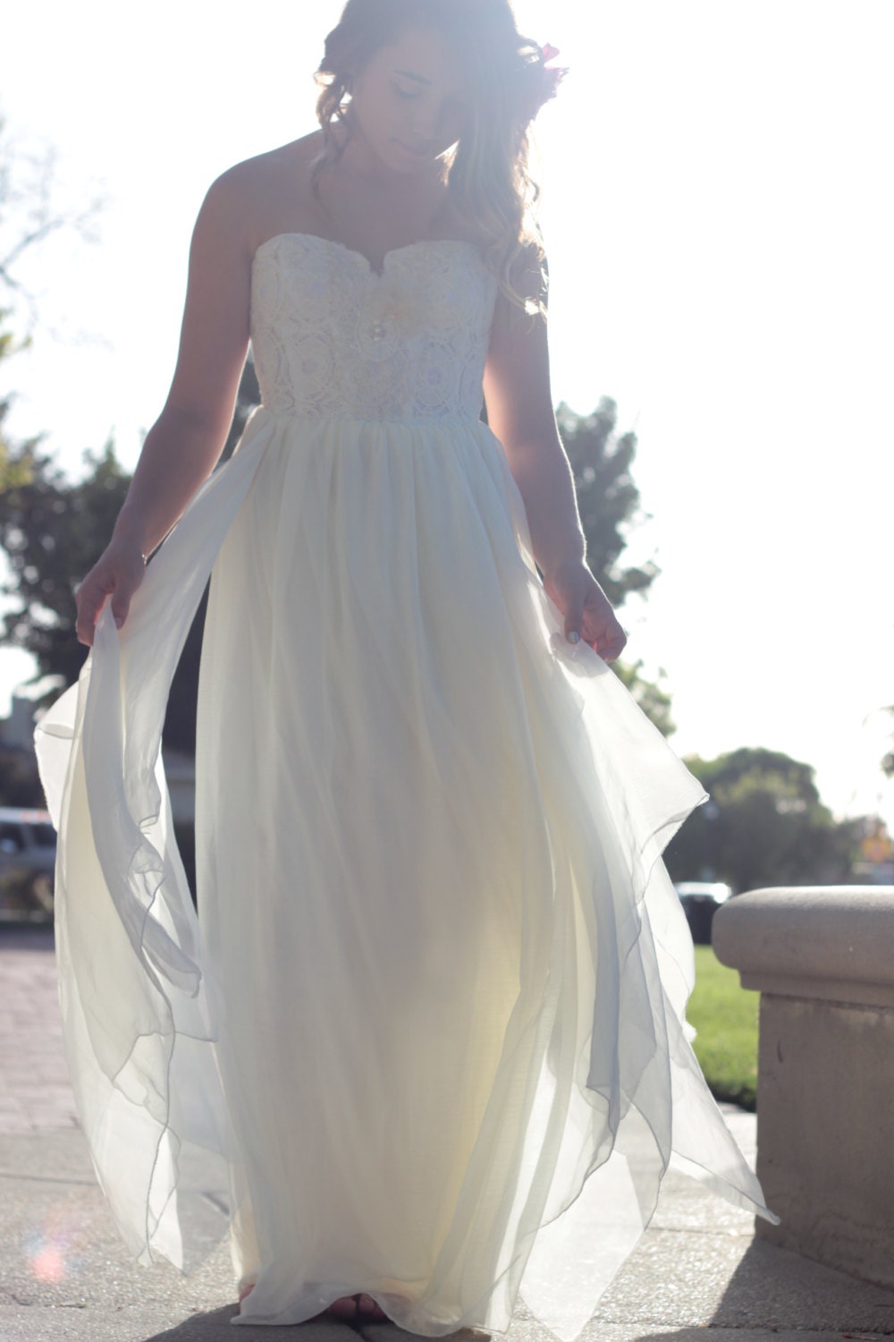 Wedding Dress Strapless  Bustier Chiffon and Lace Bohemian- Morella Gown