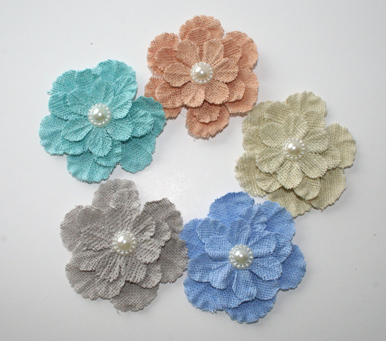 Burlap Fabric Flowers Set of 5 NATURE Multi Color Fabric Flowers Vintage Shabby Chic Flowers