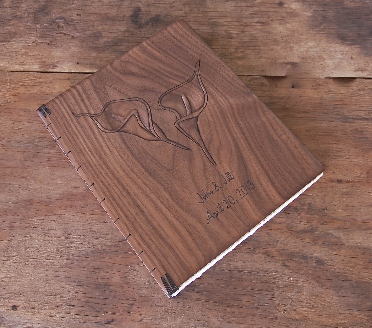 custom carved  wedding guest book or journal black walnut wood covers anniversary gift - personalized rustic - made to order