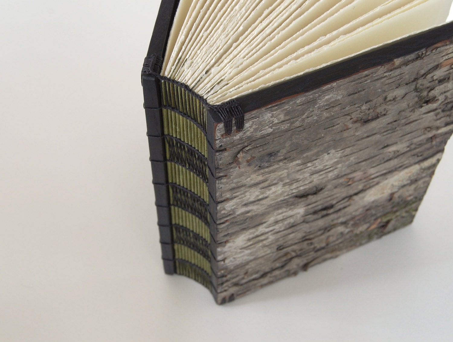 handmade tree bark journal - unique wood book - wedding guest book - gray black green woodland rustic green moss natural - ready to ship