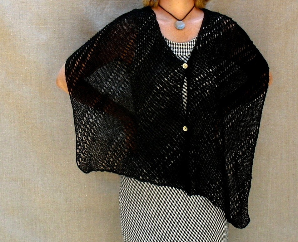 Hand-knit Lacey Linen Shawl Wrap Poncho in Black