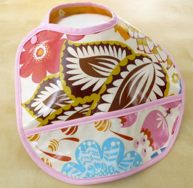 Flowers and Butterflies Waterproof Laminated Cotton and Flannel Bib with Pocket