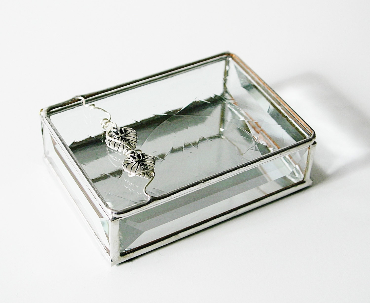 Stained Glass Jewelry Box Elegant Clear Art Glass 3x4 w/ two Silver Grape Leaves Wedding Handmade