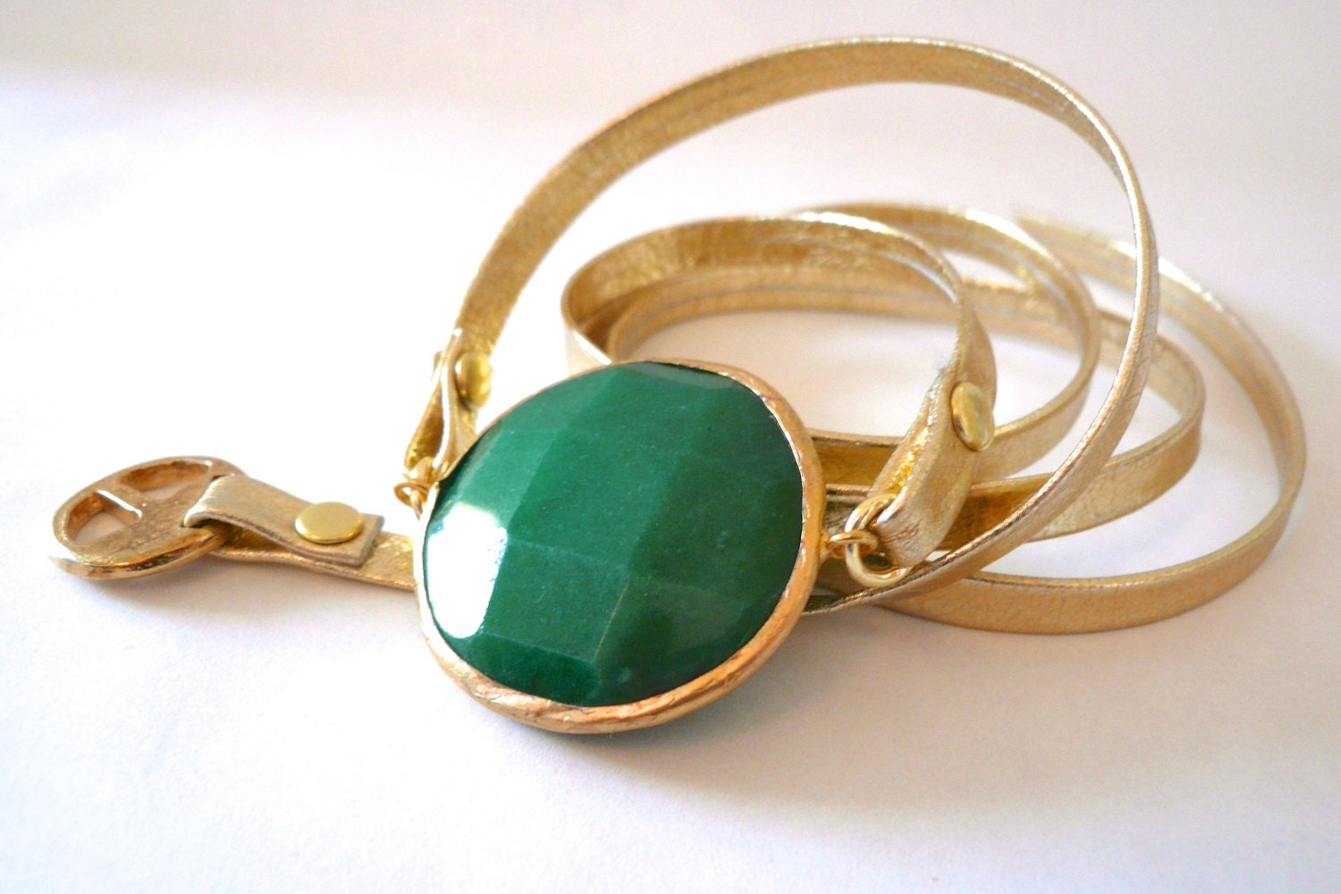Gold Leather Wrap Bracelet with Gold Plated Emerald Jade
