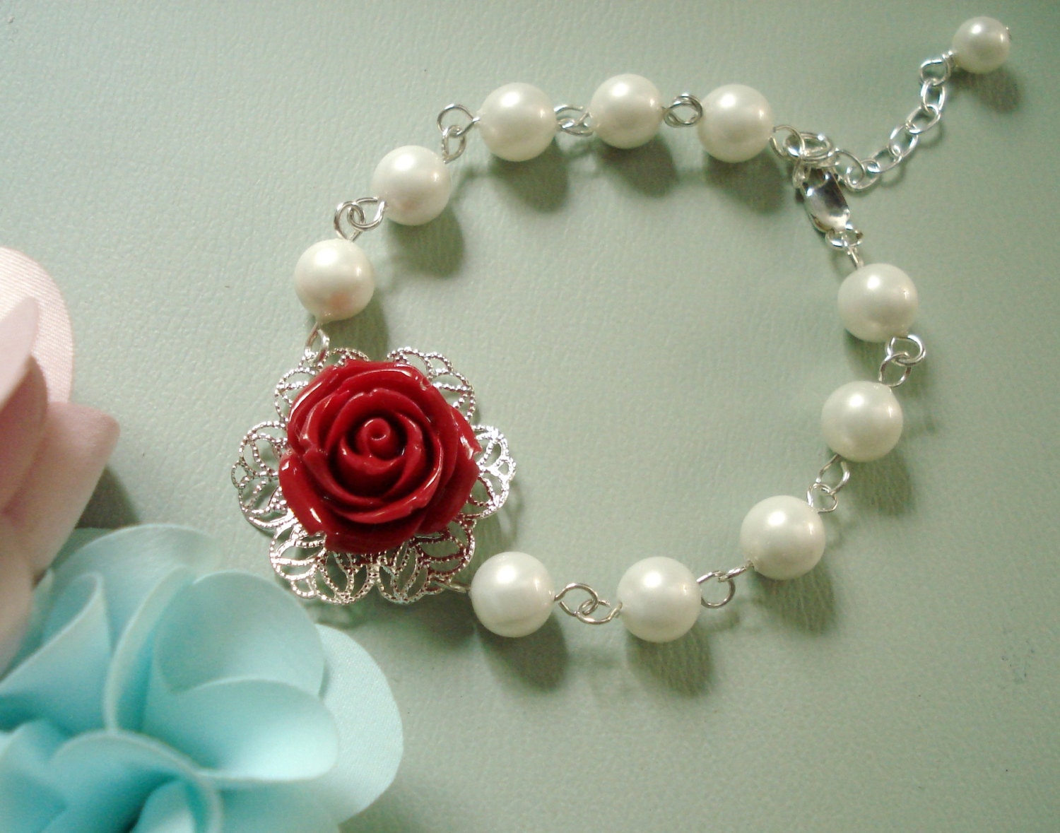 Elegant Bridal Jewelry-Red color Rose Pearl  Bracelet ONLY - Wedding Jewelry, Bridal Jewelry
