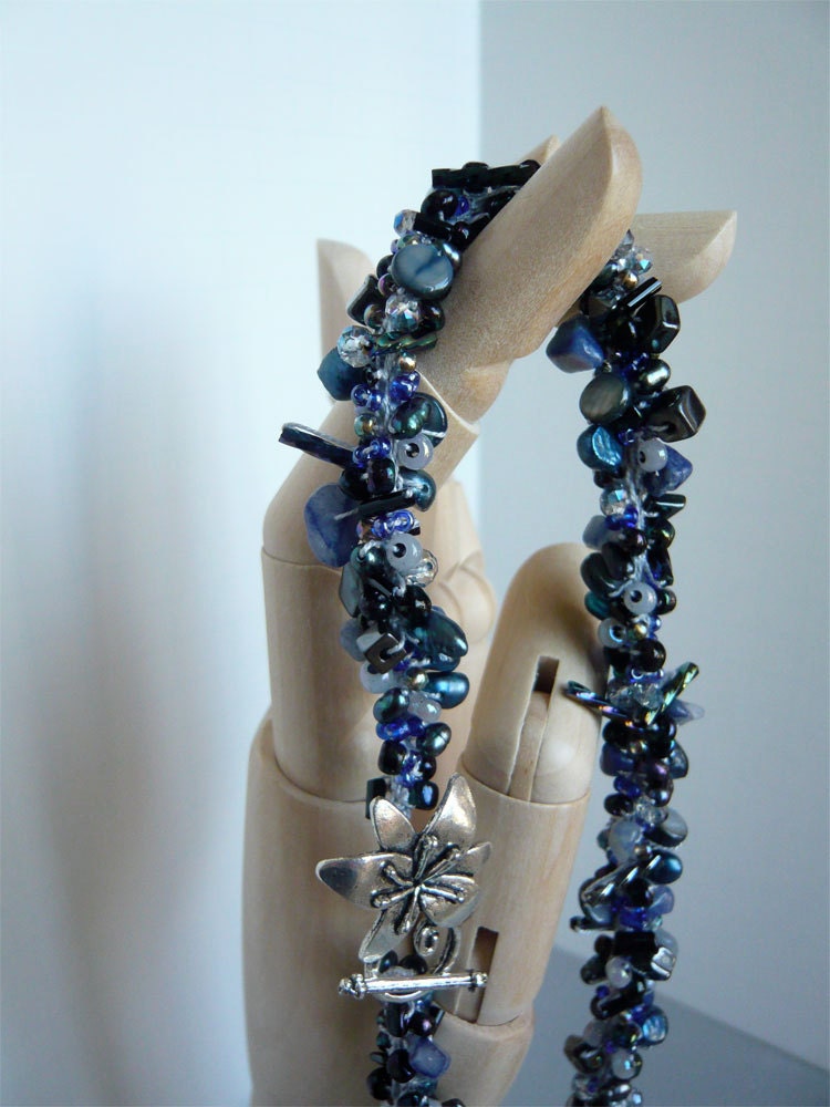 Bead Crocheted Necklace - Moonlit Sky - Gemstones and Pearls - Deep Blue