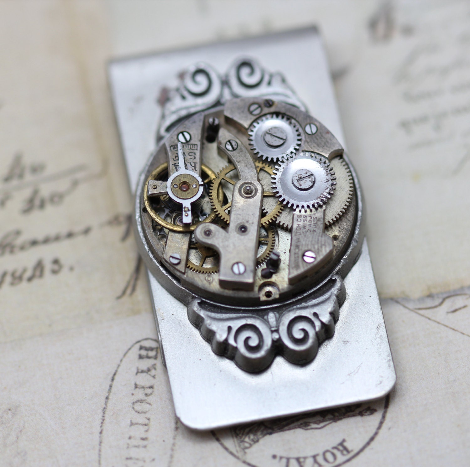 Money Clip Steampunk Vintage Victorian Scroll Bulova - OOAK -  Man Mad Men - Antique Clockwork  - Handmade by Inspired by Elizabeth