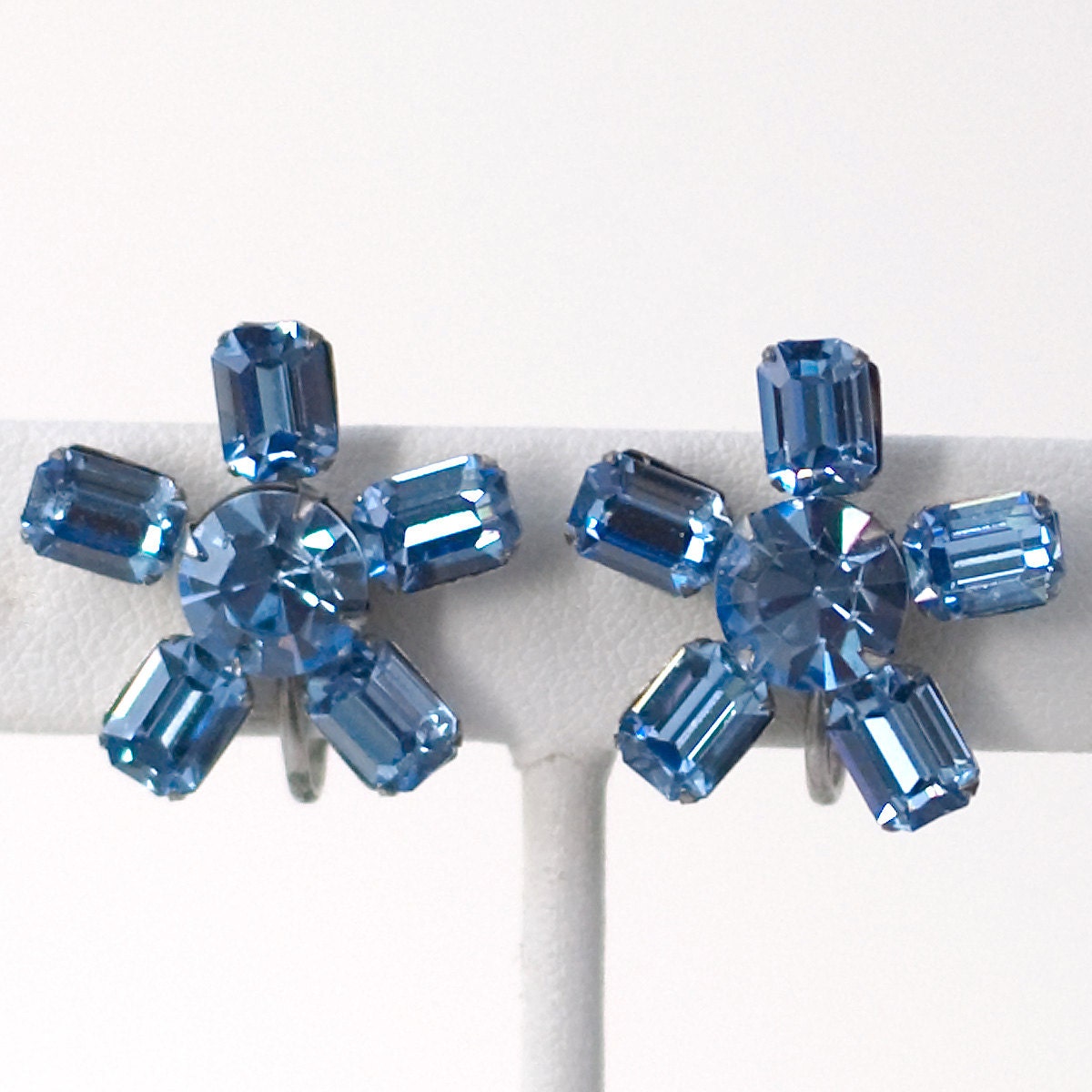Vintage Blue Rhinestone Screw Back Earrings
