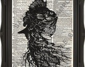 Fish Dictionary Print Art Wall Vintage Book Page Victorian Illustration Gothic Sea Ocean Nautical Avant Garde Home Decor Black and White