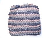 Throw Pillow Cushion . Rowan . Chunky striped cover . Hand knitted in pink and blue 100% Rowan tweed wool with matching crochet  buttons