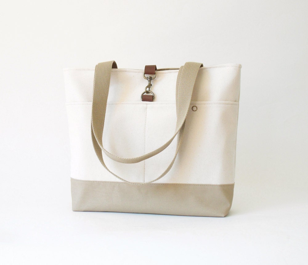 Natural Ivory and Beige Canvas Shoulder Bag / Handbag / Diaper bag /  with 2 Front Pockets,  Design by BagyBags
