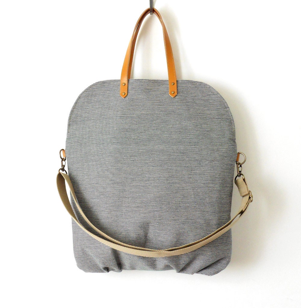 Navy stripe denim fold over flap style tote / cross body bag / diaper bag / handbag / attachable strap, leather handle, Design by BagyBags