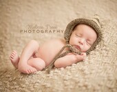 knitted baby bonnet, brown beige stripes, baby photo prop