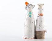 Royal Couple - King and Queen in dotted  beige and orange crown , Dressed in natural colors  -  handmade eco fabric dolls