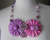 Statement Necklace, Vintage Enamel Flowers, Upcycled, Repurposed Vintage Brooch, Purple, Pink  OOAK - Twin Set