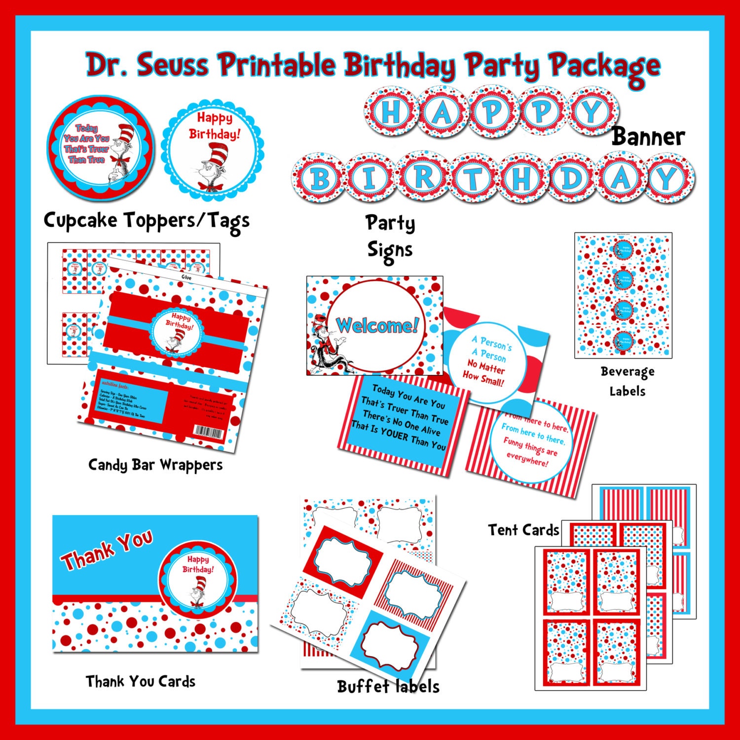 INSTANT DOWNLOAD - 50% off - DIY Printable Dr. Seuss  Birthday Party Package - Cat In The Hat - Age 2