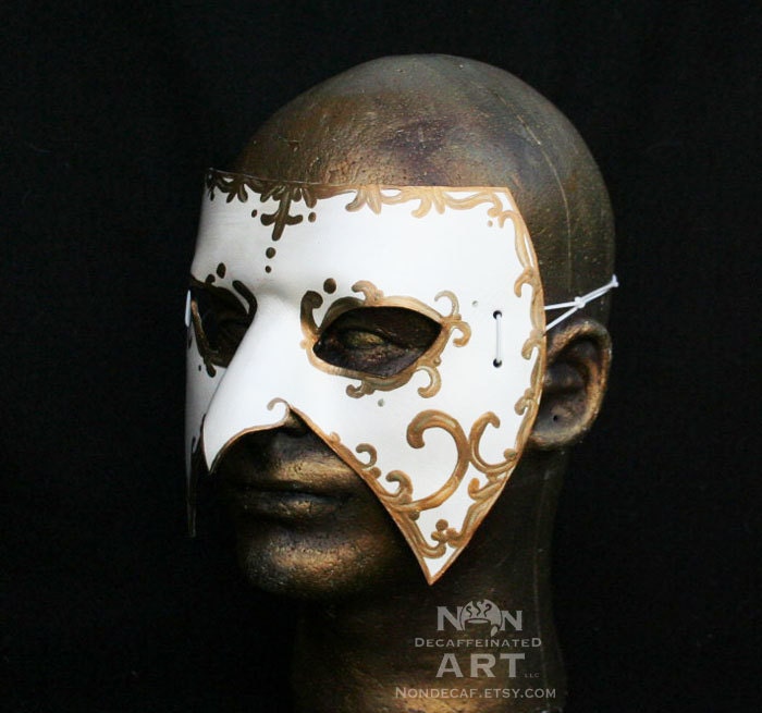 Venetian Style Carnival Mask - Handmade Leather Mask - in White red Gold accents