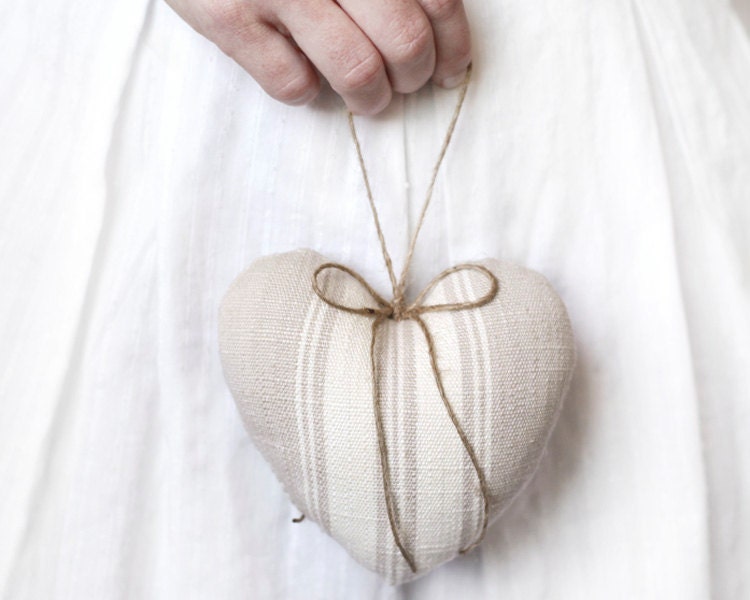 Rustic Heart Ornament  - Ivory Cotton French Country Stripe Plush Heart