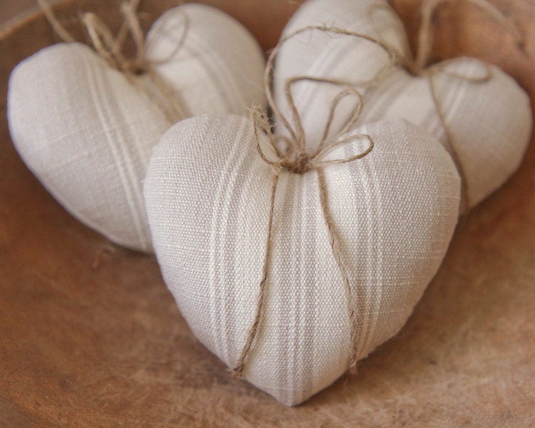 Rustic Heart Ornaments  - Ivory Cotton French Country Stripe Plush Hearts, Set of 3