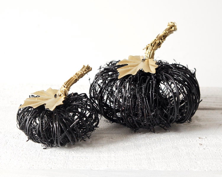 Black Pumpkins - 2 Grapevine Pumpkins with Gold Gilt Stems and Leaves, Rustic Fall Decor