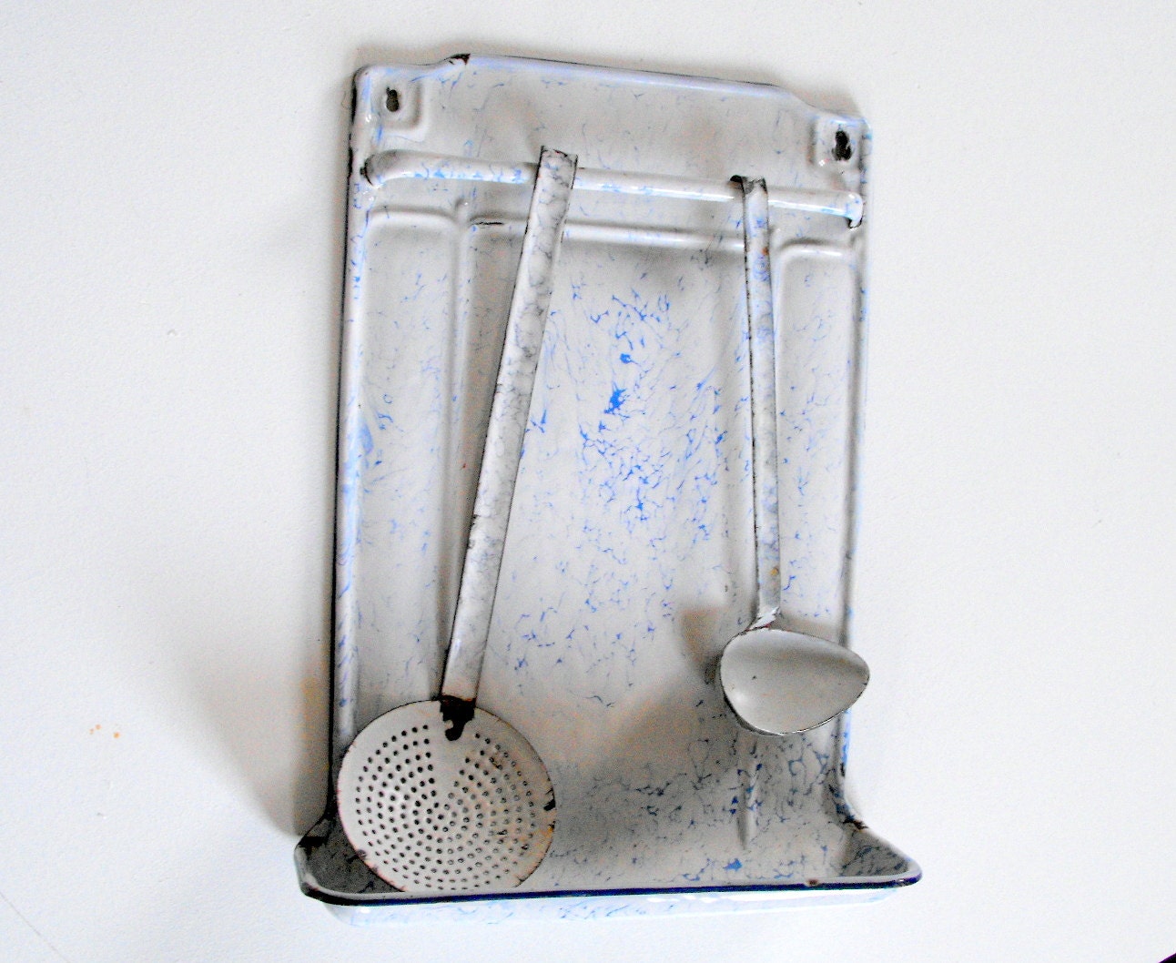 French Vintage Enamelware Utensil Rack Blue Marbelized Enamel  Spatterware