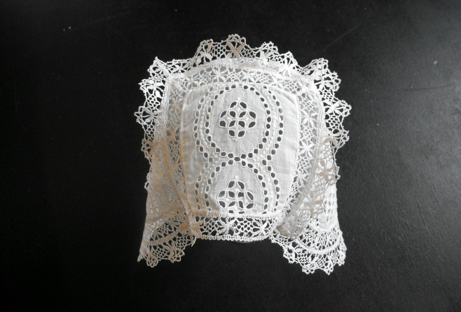 Antique French Baby Bonnet or Coiffe Handmade Lace for Christening