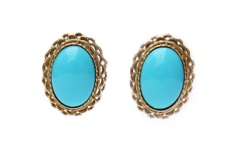 1980s Turquoise and Gold Oval Earrings