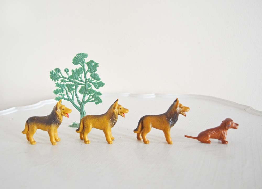 Vintage Dog Figurines Plastic Toy Animals West Germany German Shepherd Basset Hound Dog Pack Brown Black Green Miniature Instant Collection
