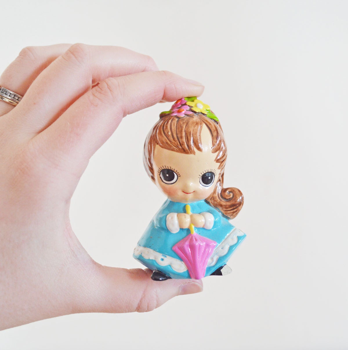 Vintage Flower Girl with Umbrella Earl Bernard Figurine Collectible Sky Blue Pink Brunette Spring Country Cottage Home Decor Nursery Decor