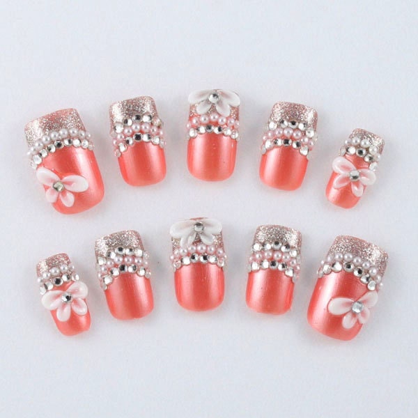Japanese 3D Nail Art, Press On Nails, Fake Nails - Beautiful Coral Nails w/ Silver Tips (T001K)