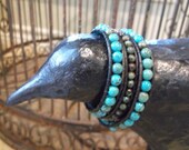 chan luu inspired 3 wrap bracelet made with turquoise beads, brown leather cord, silver chan luu style button