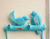 Rustic Bird Hook -Cast Iron-Petite Garden-Aqua Distressed-Tea Towel Hanger-Shabby Chic-Love Birds-Rustic-Spring Home Decor-Pastels