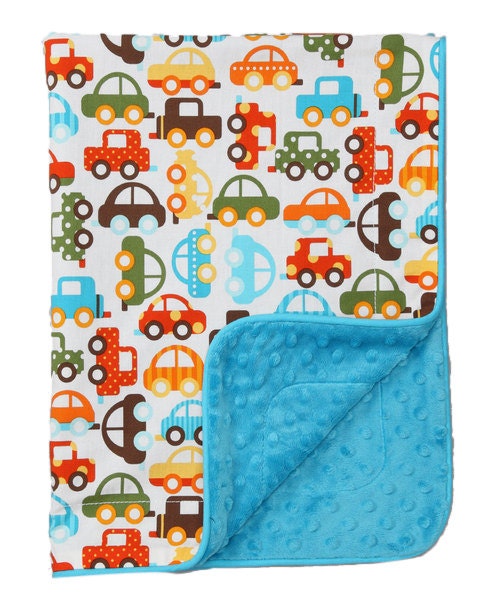 Baby Boy Blanket in blue, green & orange cars and trucks print on blue Dimple Dot Minky....Unique New Baby Gift