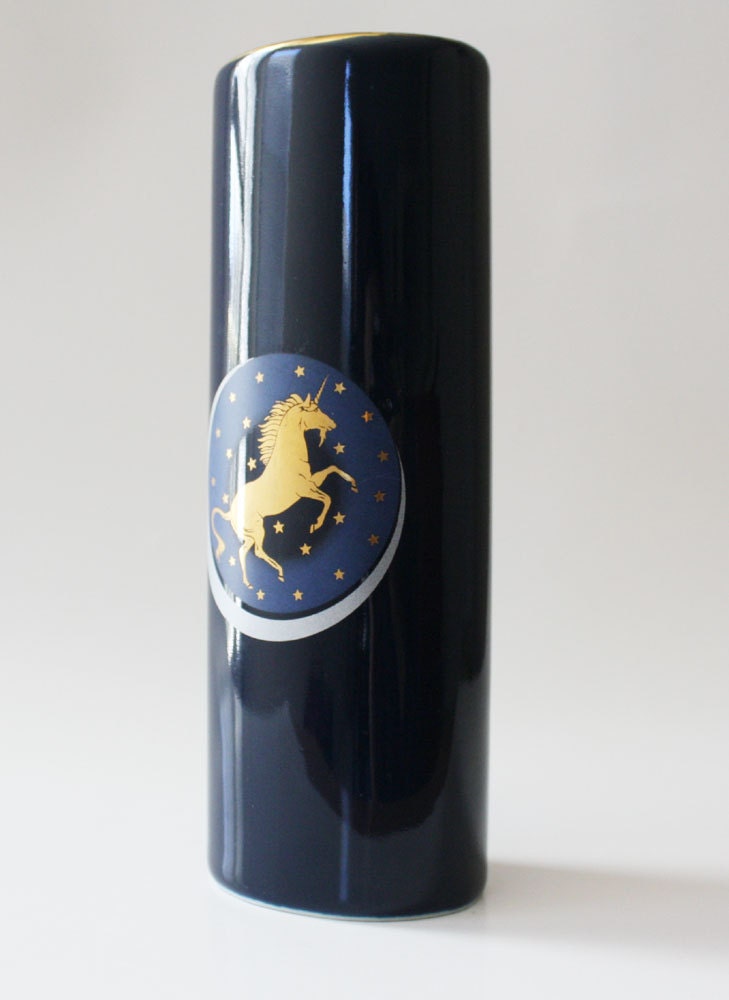 Vintage Otagiri Golden Unicorn with Stars Small Ceramic Navy Midnight Blue Vase - Made in Japan