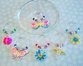 Summer / Spring Wine Charms - Set of 6 Silver Plated Flower and Dragonfly Wine Glass Charms